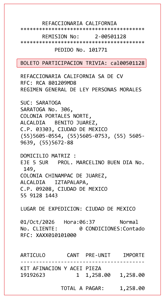 Ticket de Refaccionaria California: el n&uacute;mero de remisi&oacute;n est&aacute; arriba, junto a &laquo;REMISI&Oacute;N No.&raquo;